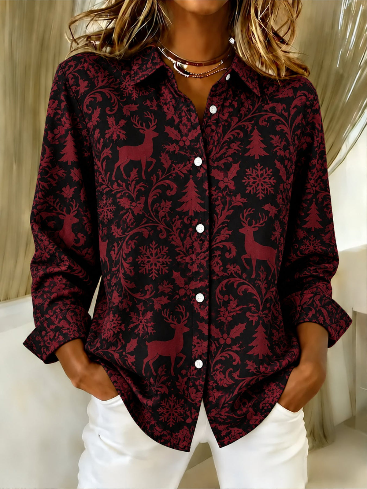 Christmas Patterns Long Sleeve Plain Regular Micro-Elasticity Regular Fit Shirt