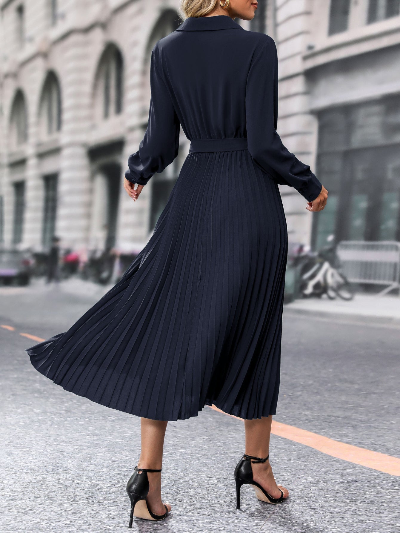 Surplice Neck A-line Pleat Dress, Elegant Long Sleeve Belt Dress