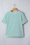 Green Stripe Scalloped Trim Round Neck T Shirt