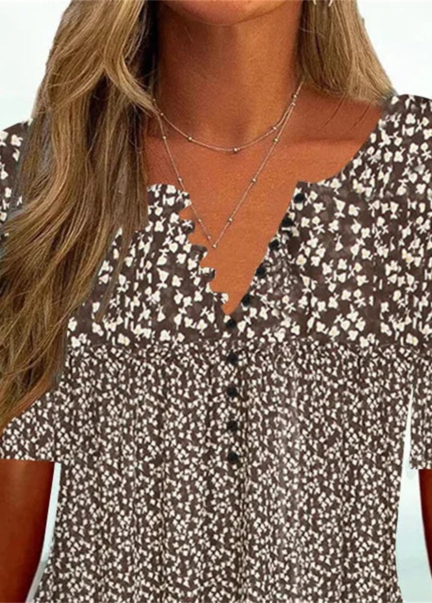 V-neck Button Printed Short-sleeved T-shirt