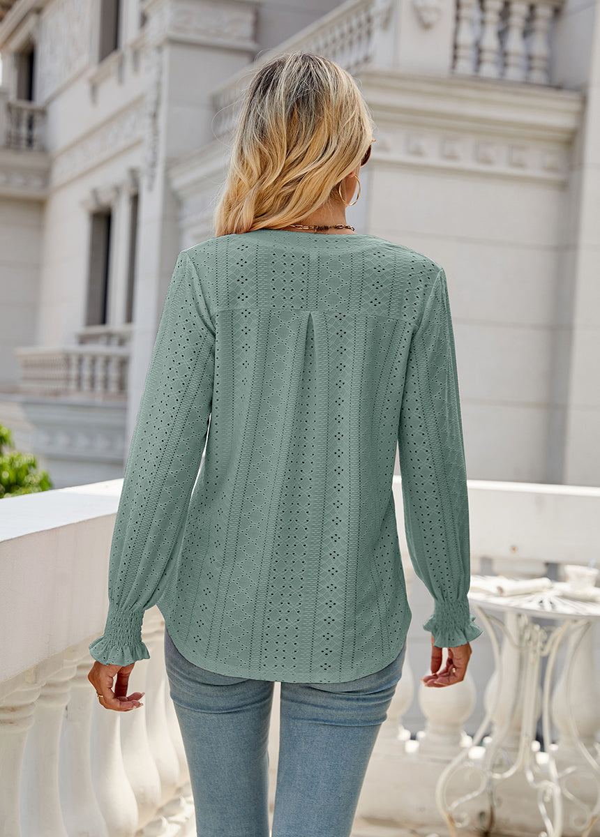 Solid Color Hollow Pleated Ruffle Sleeve V-Neck Loose Long Sleeve Top