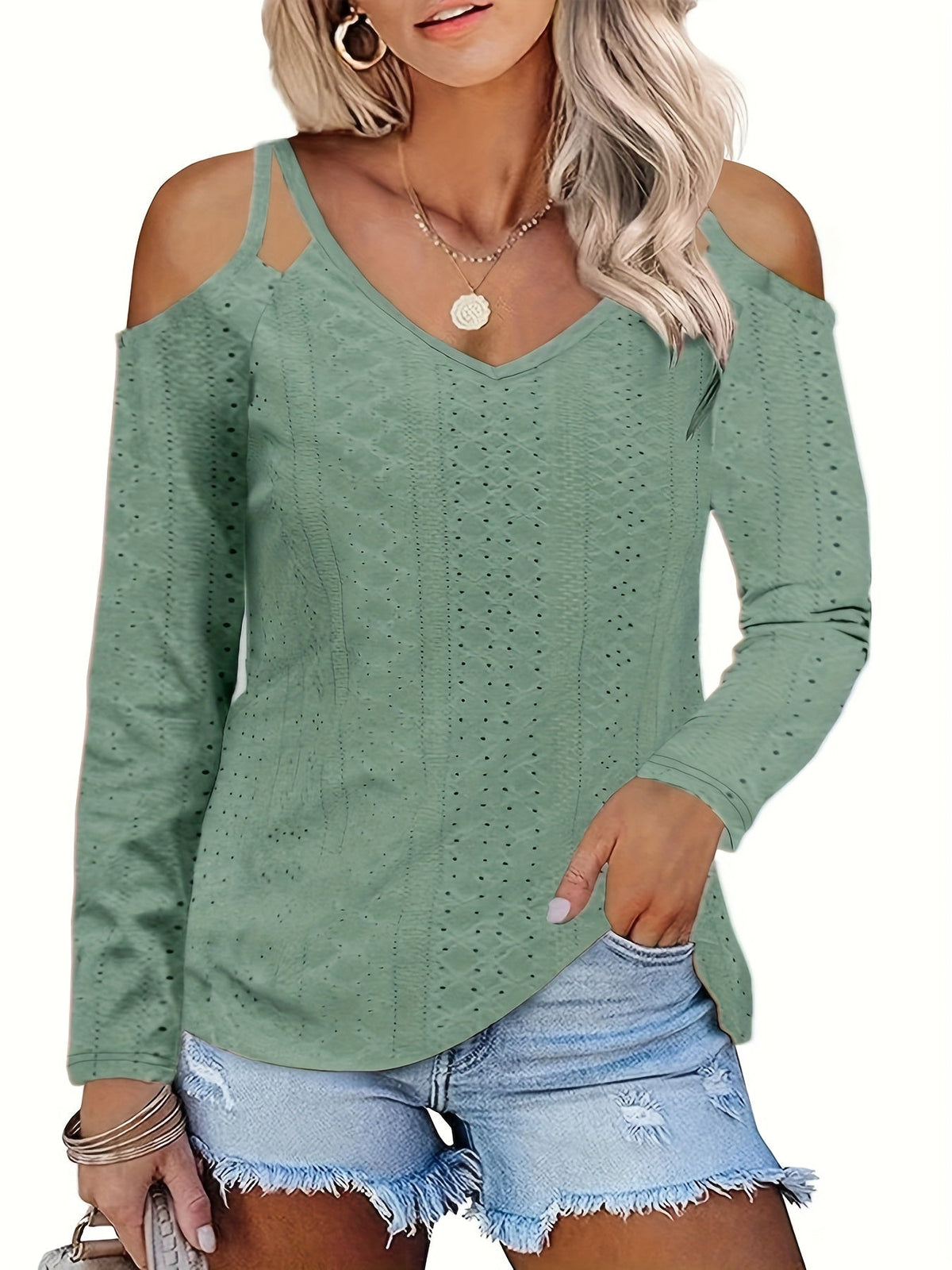 Casual Top, Women's Solid Eyelet Embroidered Cut Out Cold Shoulder Long Sleeve V Neck Top