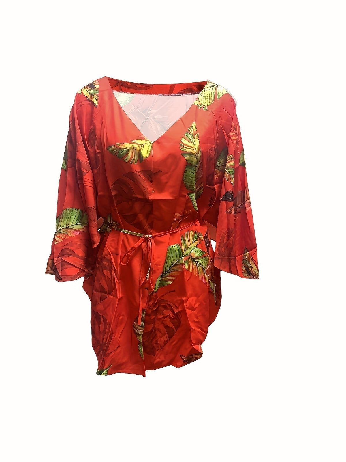 Full Printed V Neck Dress, Casual Tie Waist Batwing Sleeve Dress