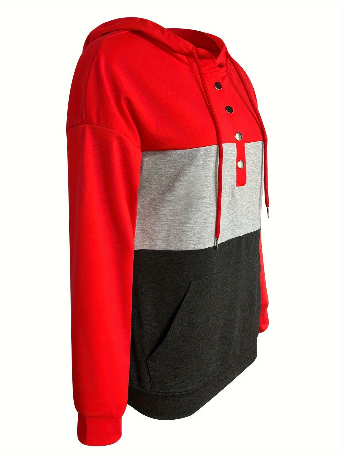 Color Block Button Drawstring Hoodie, Casual Long Sleeve Kangaroo Pocket Sweatshirt