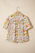 Multicolour Crochet V Neckline Puff Sleeve Boho Flower Blouse