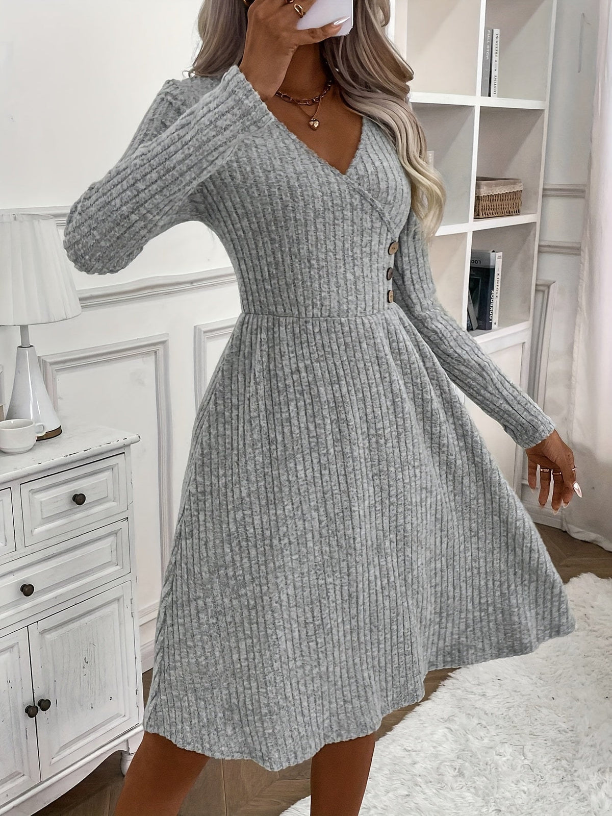 Solid V-neck Button Decor Dress, Elegant Long Sleeve Slim Dress