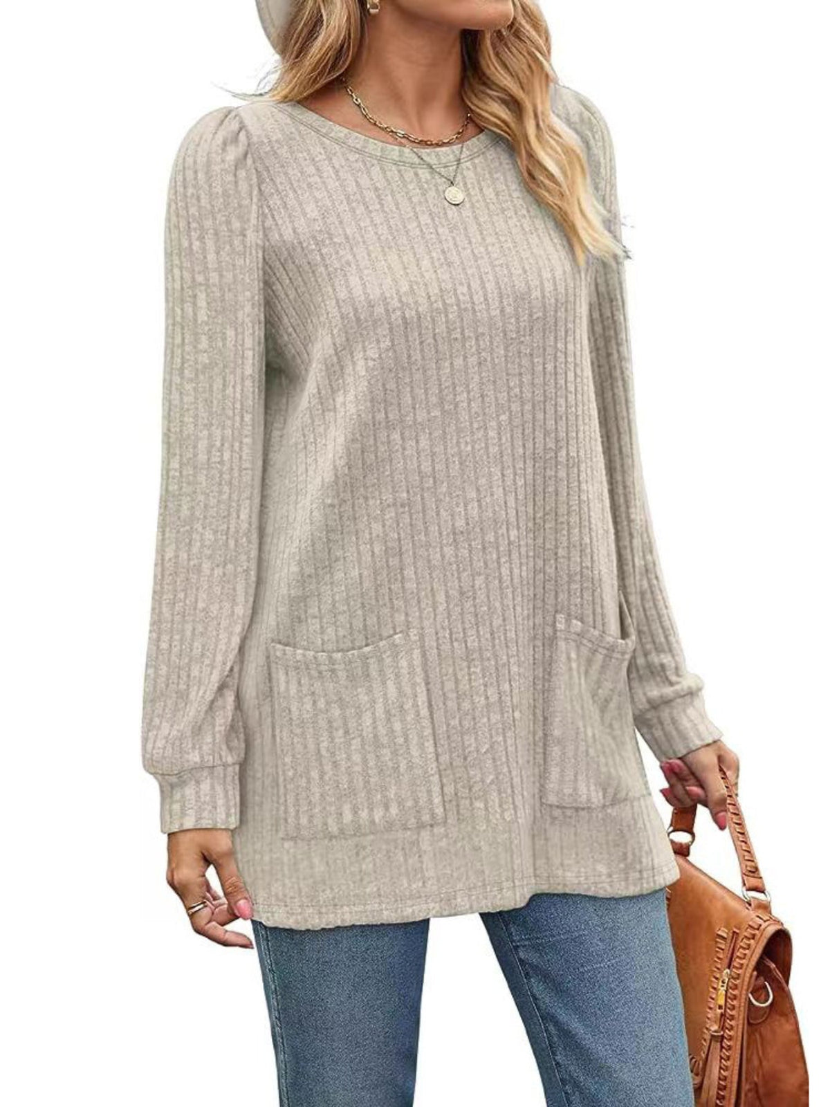 Casual Top, Women's Solid Ribbed Long Sleeve Round Neck Medium Stretch Top With Pockets