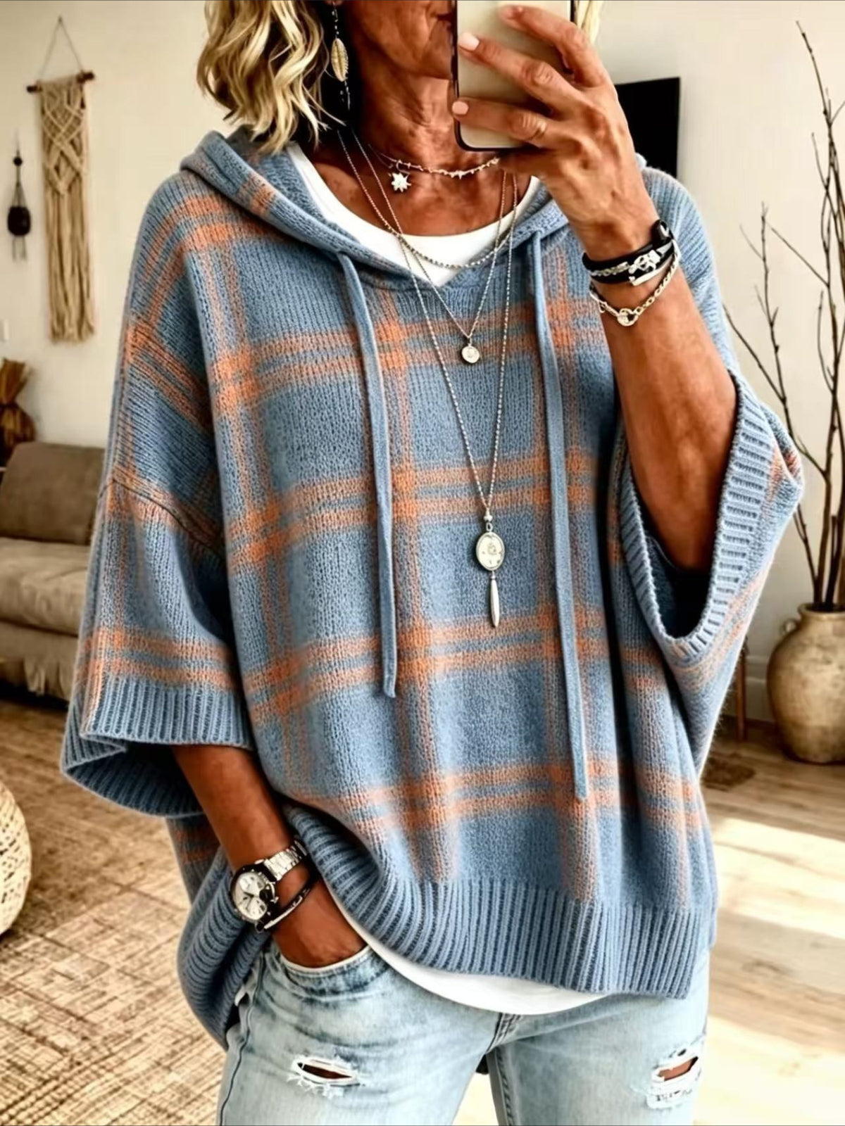 Plaid Hooded Knit Poncho Sweater with Drawstring