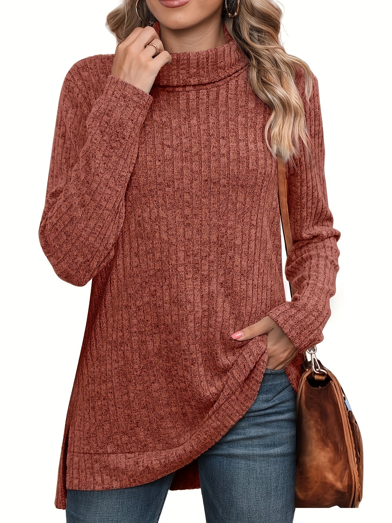 Ribbed Crew Neck Side Split T-Shirt, Casual Long Sleeve Top
