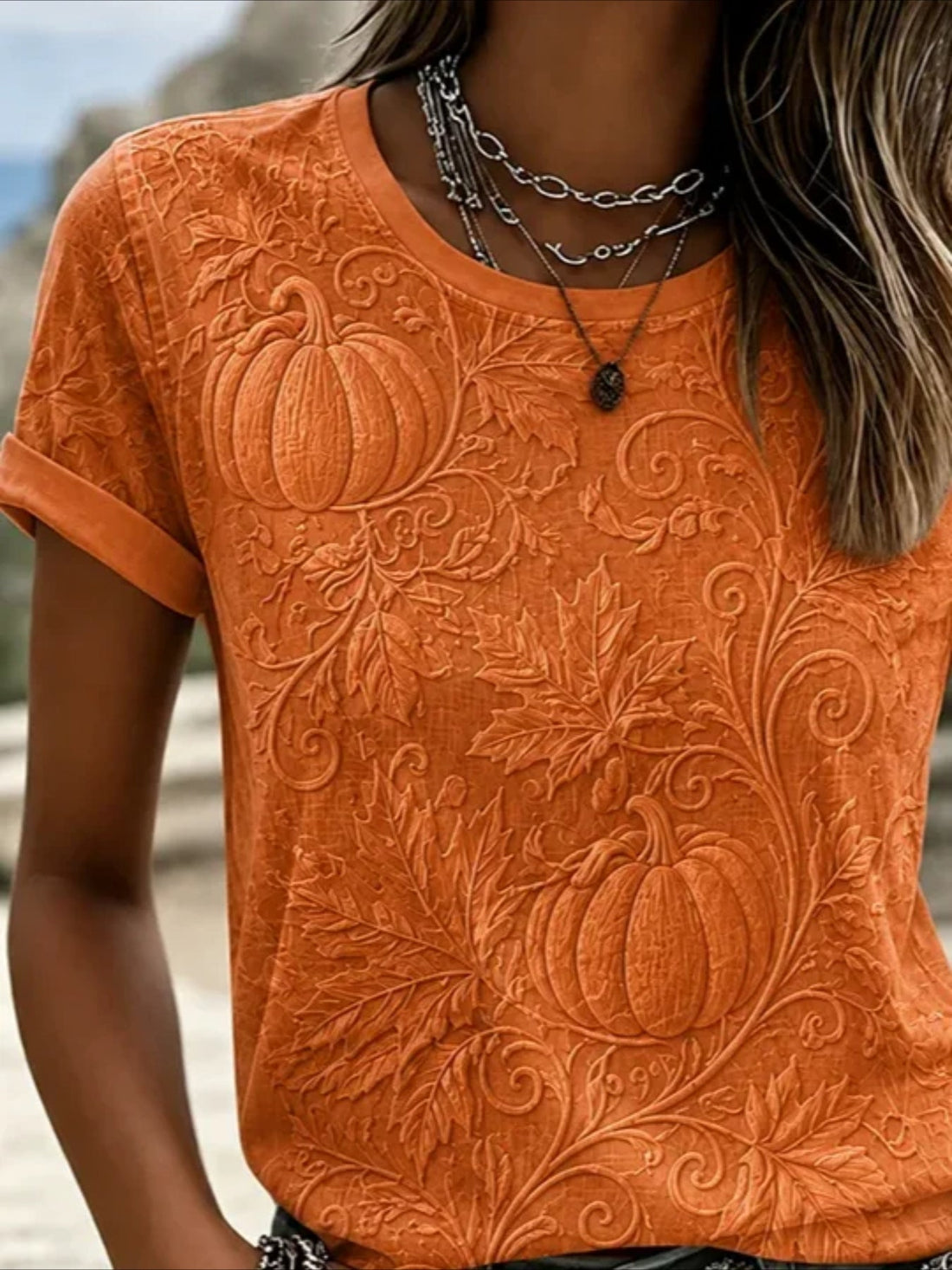 100% Cotton Casual Orange Maple Leaf Printing Crew Neck Short Sleeve T-shirt