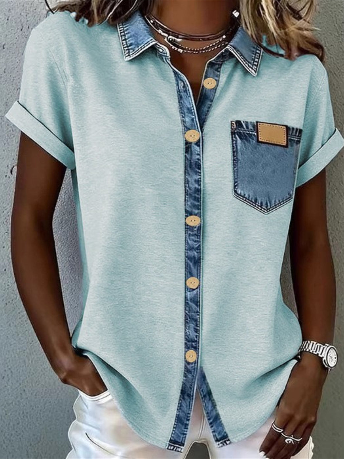 Fashion Short Sleeve Button-Up Blouse