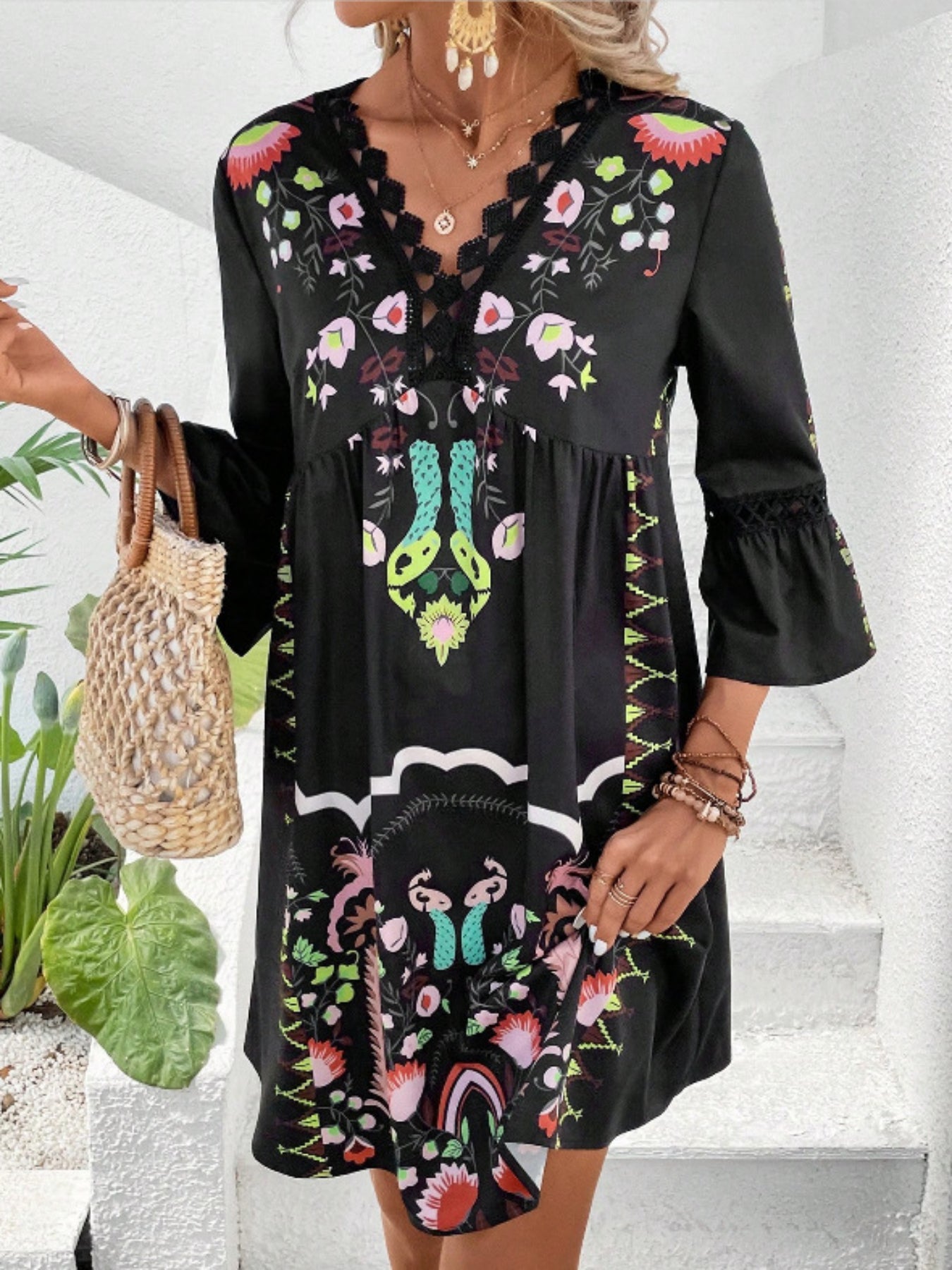 Tribal Print Contrast Lace Smock Dress, Vacation Flared Sleeve V-neck Loose Dress