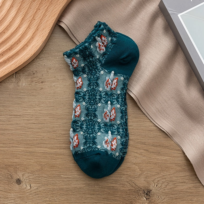 5 Pairs Vintage Court Style Short Socks, Cute Japanese Style Flower Geometric 3D Textured Low Cut Ankle Socks