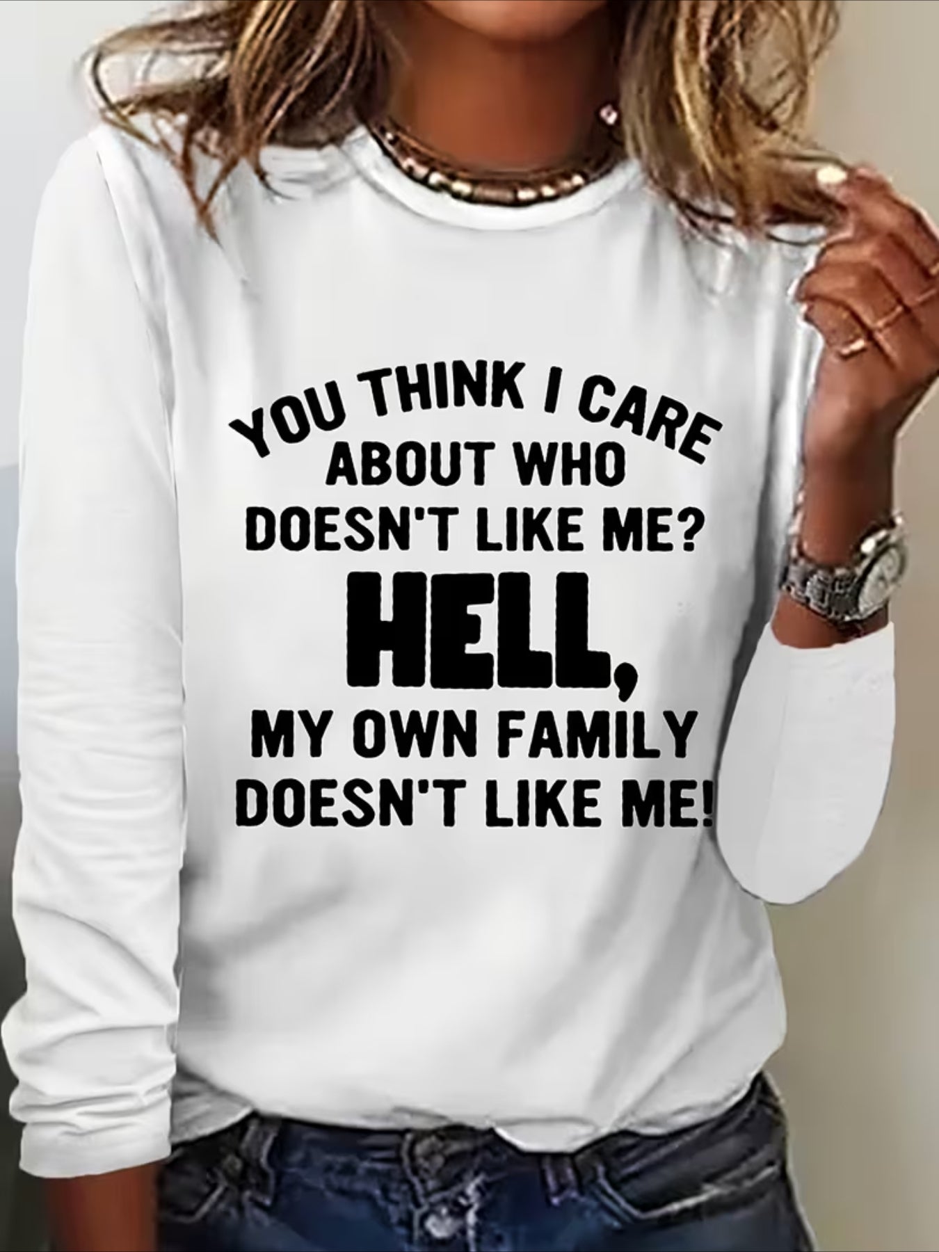 Hell Text Cotton-Blend Crew Neck Casual Long Sleeve Shirt
