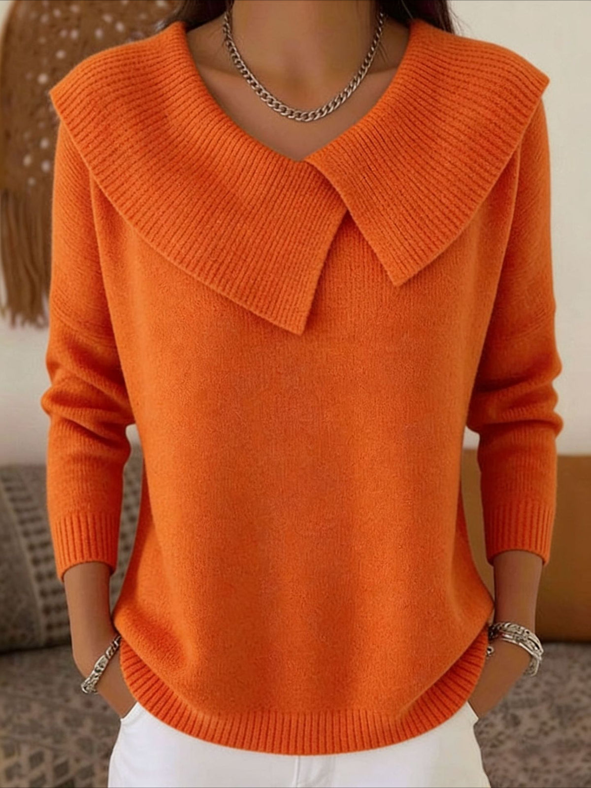 Solid Asymmetrical Lapel Color Long Sleeve Sweater