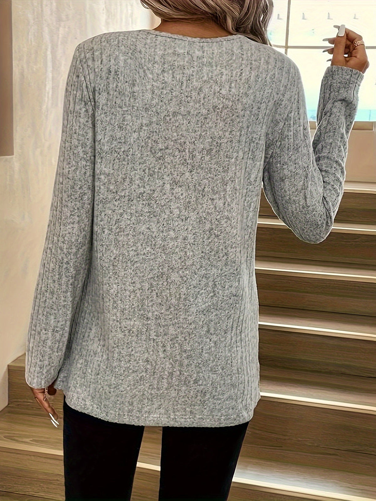Contrast Lace Ribbed T-shirt, Casual Crew Neck Long Sleeve T-shirt