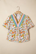 Multicolour Crochet V Neckline Puff Sleeve Boho Flower Blouse