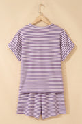 Purple Stripe Breathable Textured Knit Short 2pcs Set