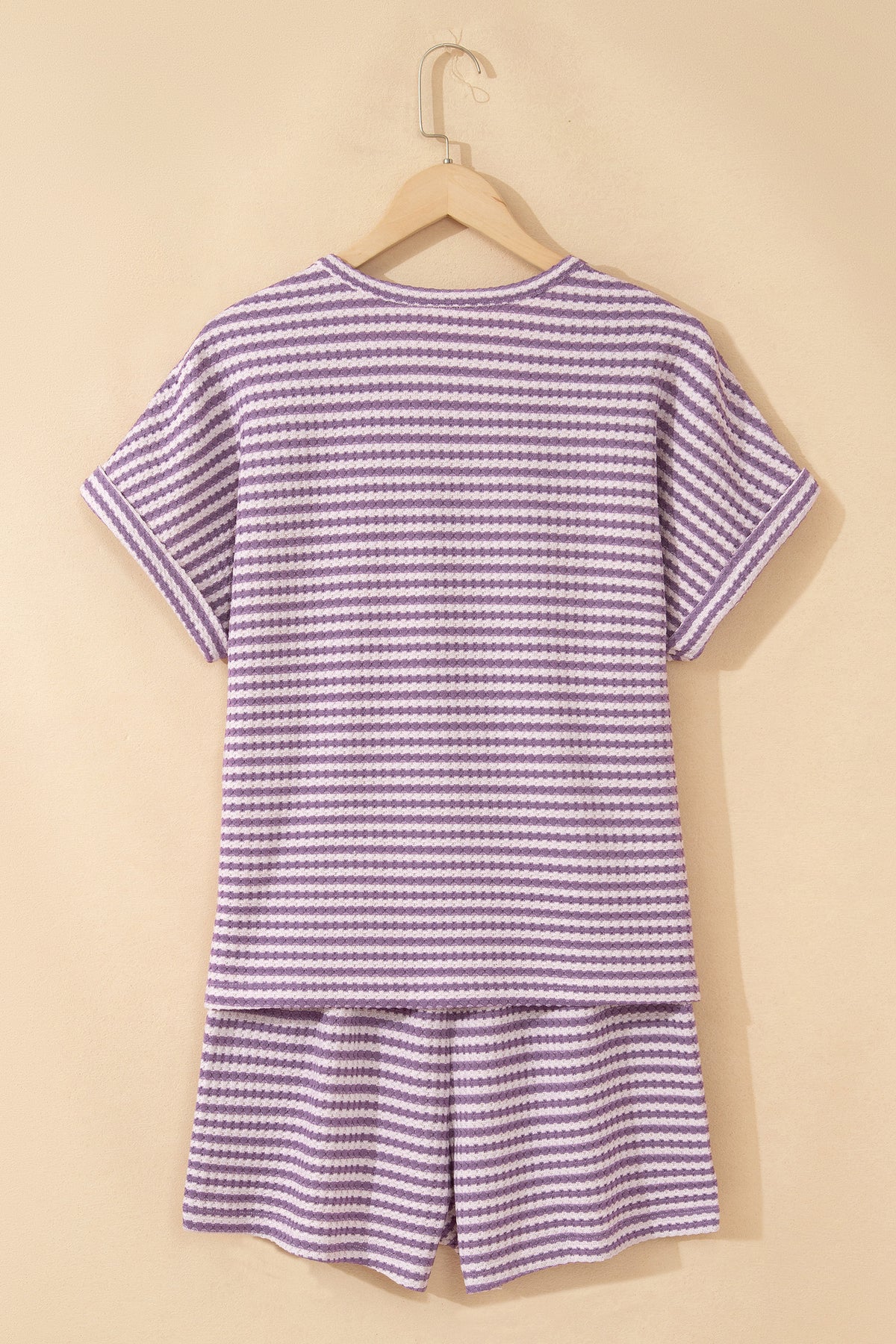Purple Stripe Breathable Textured Knit Short 2pcs Set