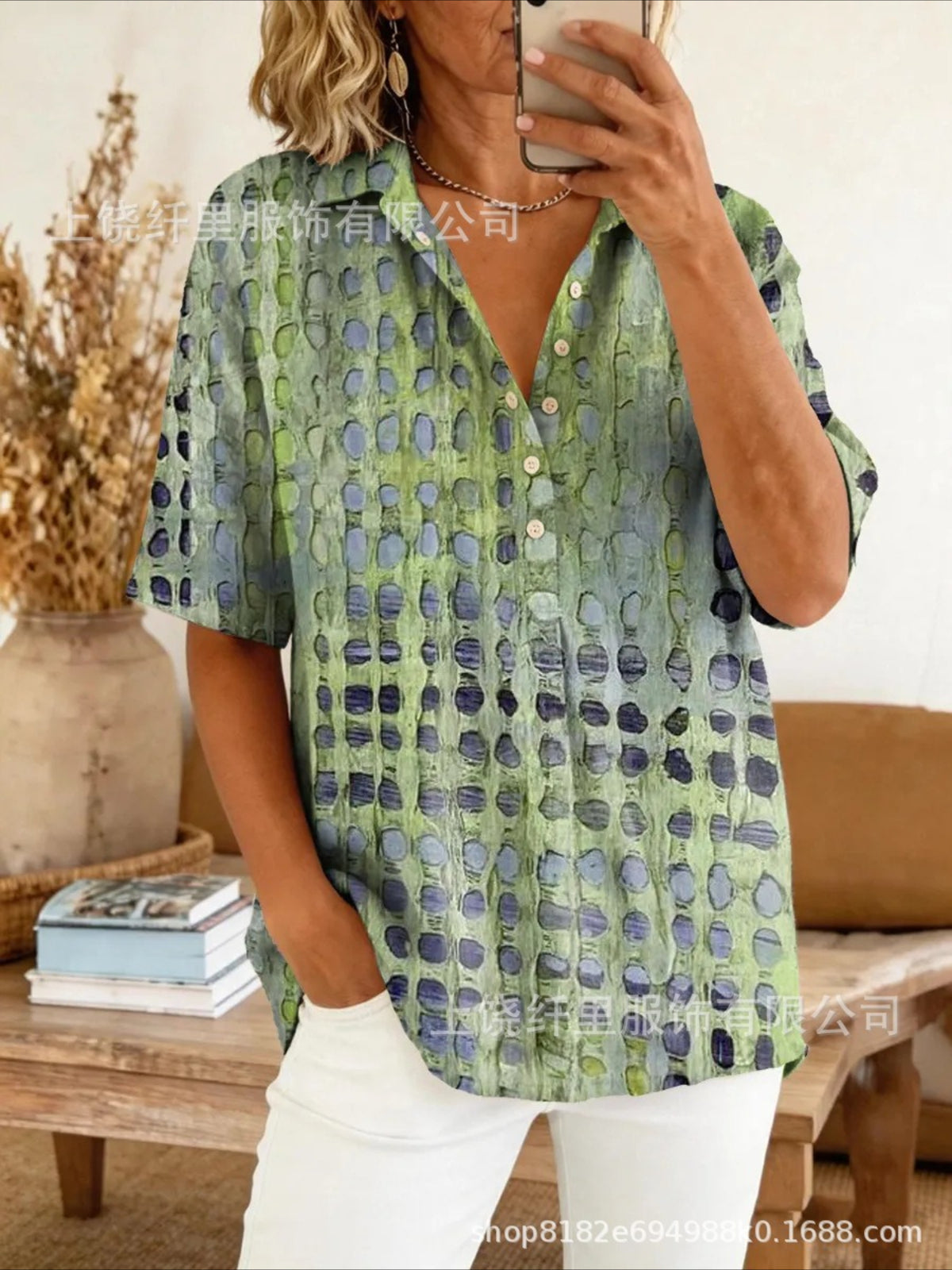 Print Lapel Short Sleeve Abstract Printing Shirt