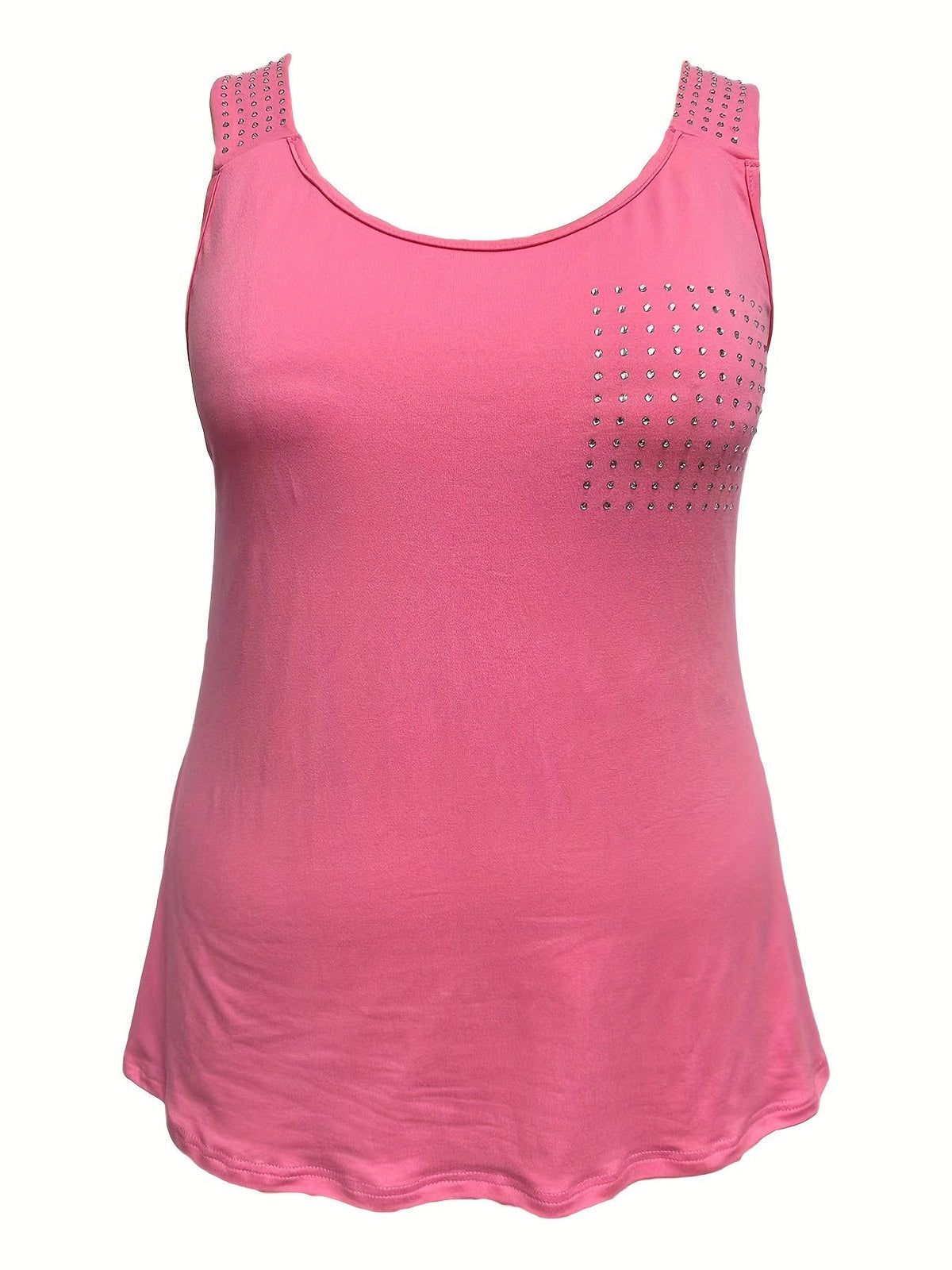 Rhinestone Solid Tank Top, Casual Crew Neck Sleeveless Top