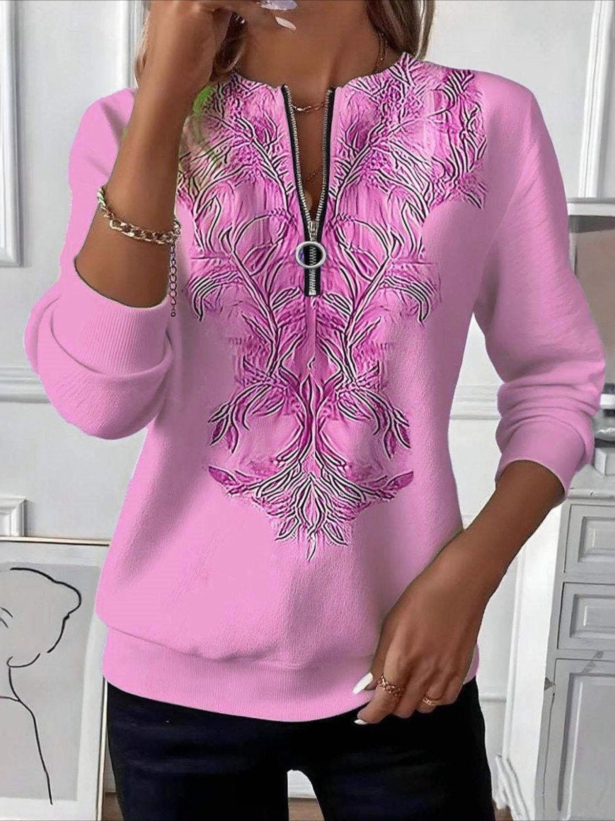 Retro Art Graphic Design Everyday Long Sleeve Center Front Zip Sweatshirt