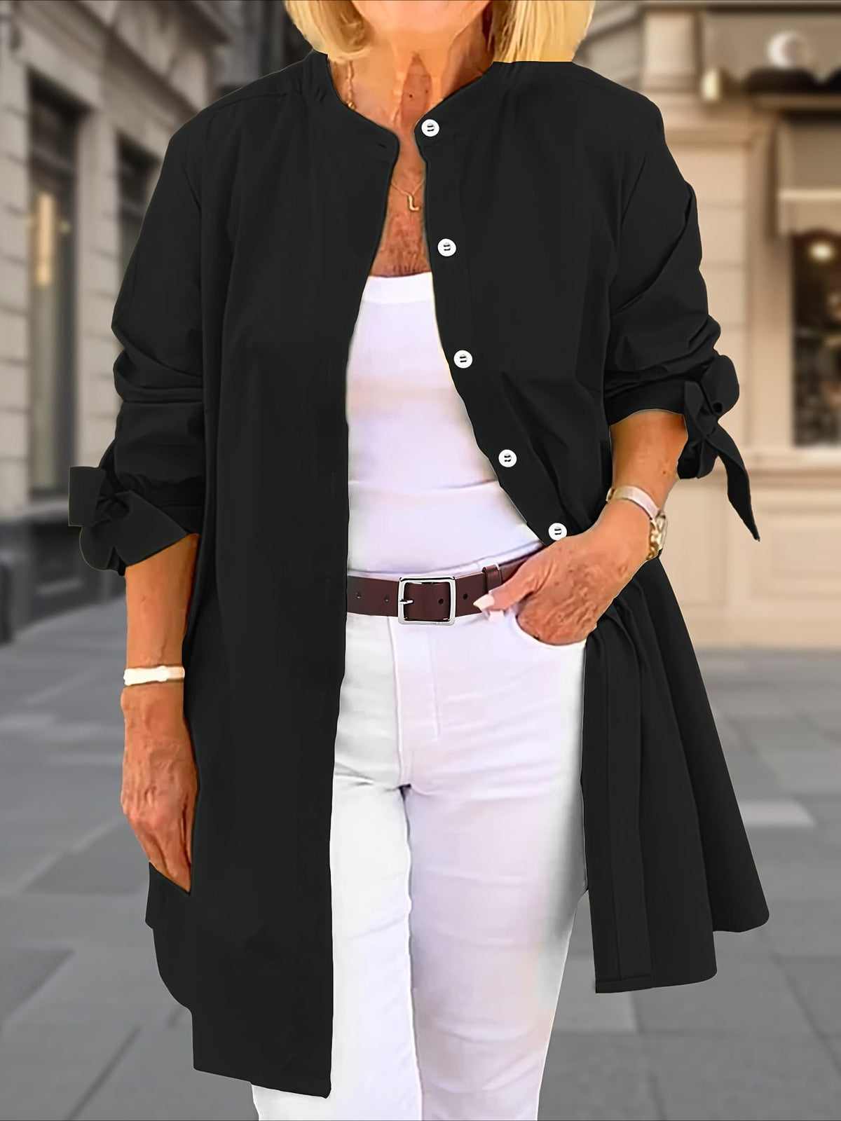 Elegant Loose-Fit Adjustable Cuffs Side Slit Breathable Fabric Round Neck Nontransparent Material Shirt