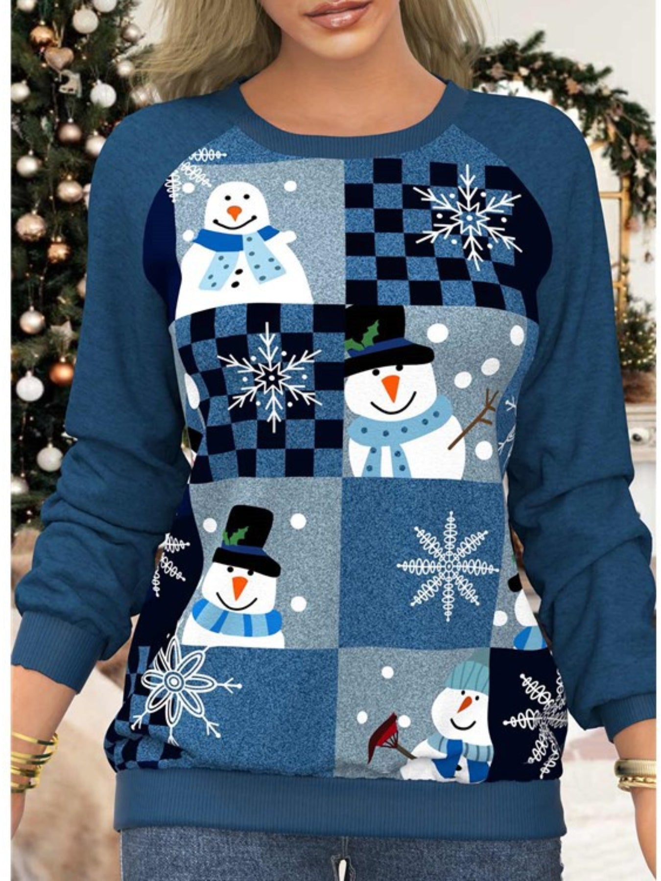 Snowman & Snowflake Print Sweatshirt, Casual Long Sleeve Crew Neck Sweatshirt