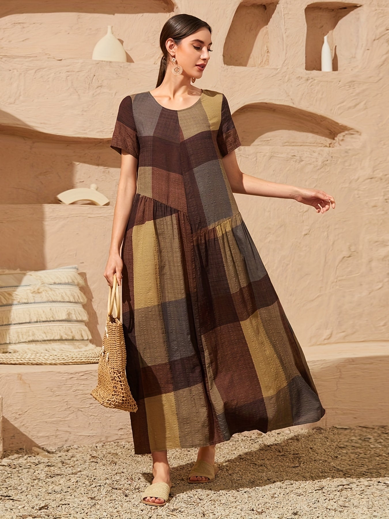 Loose Color Block Dress, Crew Neck Short Sleeve Vacation Dress, Casual Every Day Dress