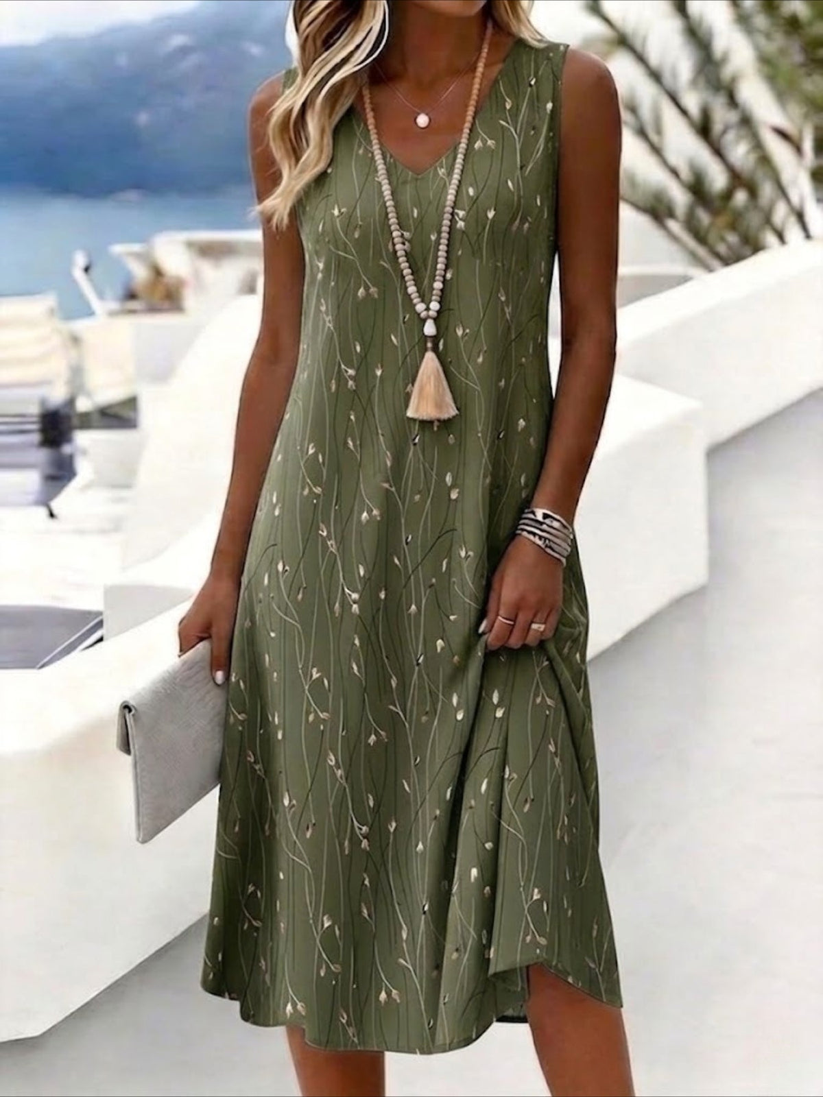 Leaf Print Sleeveless V-Neck Casual Midi Dress