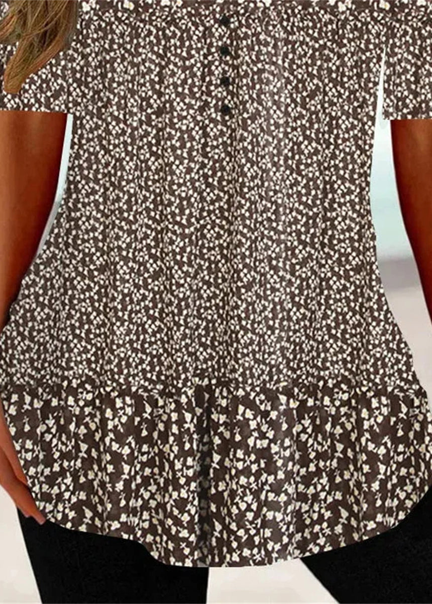 V-neck Button Printed Short-sleeved T-shirt