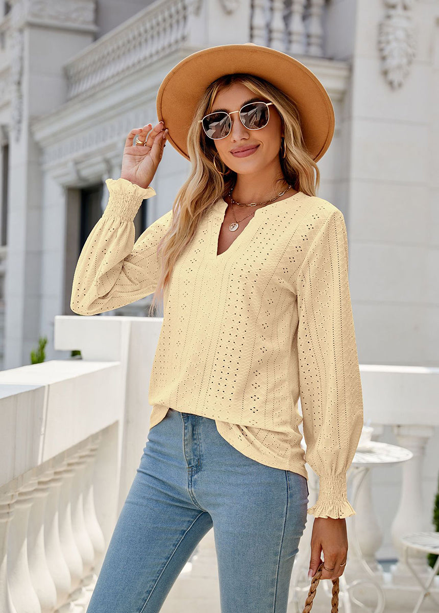 Solid Color Hollow Pleated Ruffle Sleeve V-Neck Loose Long Sleeve Top