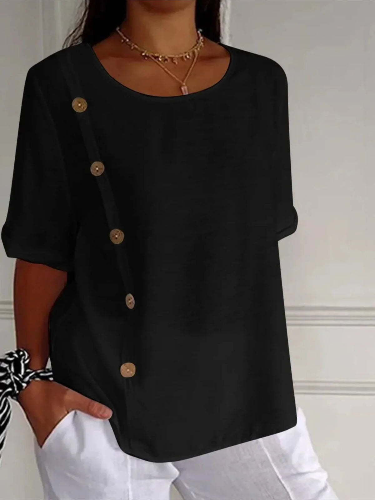 Elegant Solid Color Casual Loose Fit Crew Neck Shirt
