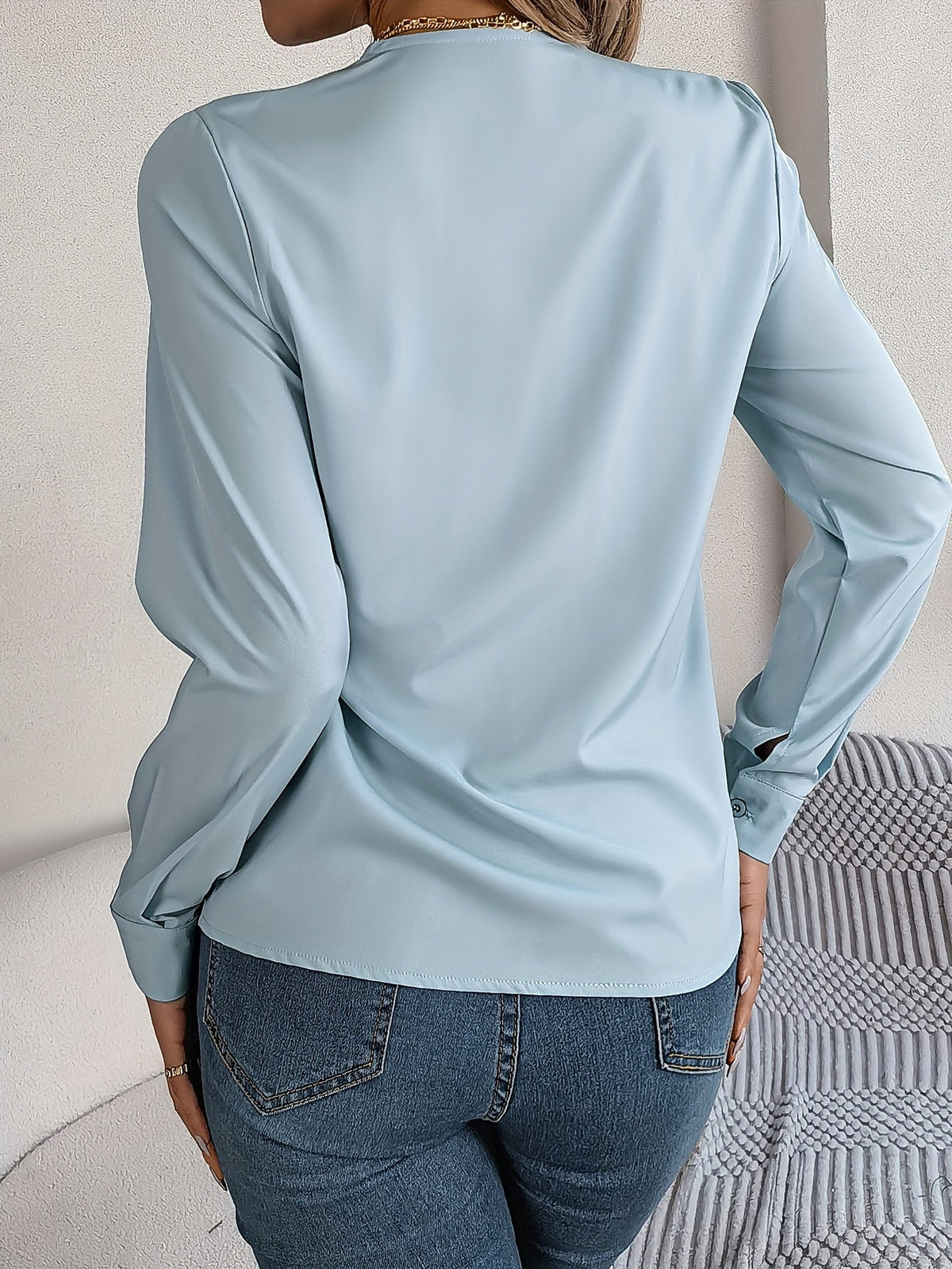Solid Color V Neck Blouse, Elegant Long Sleeve Blouse