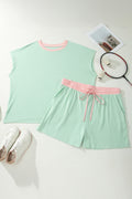 Clearly Aqua Plus Size Ribbed Color Block Trim Drawstring Shorts 2pcs Set