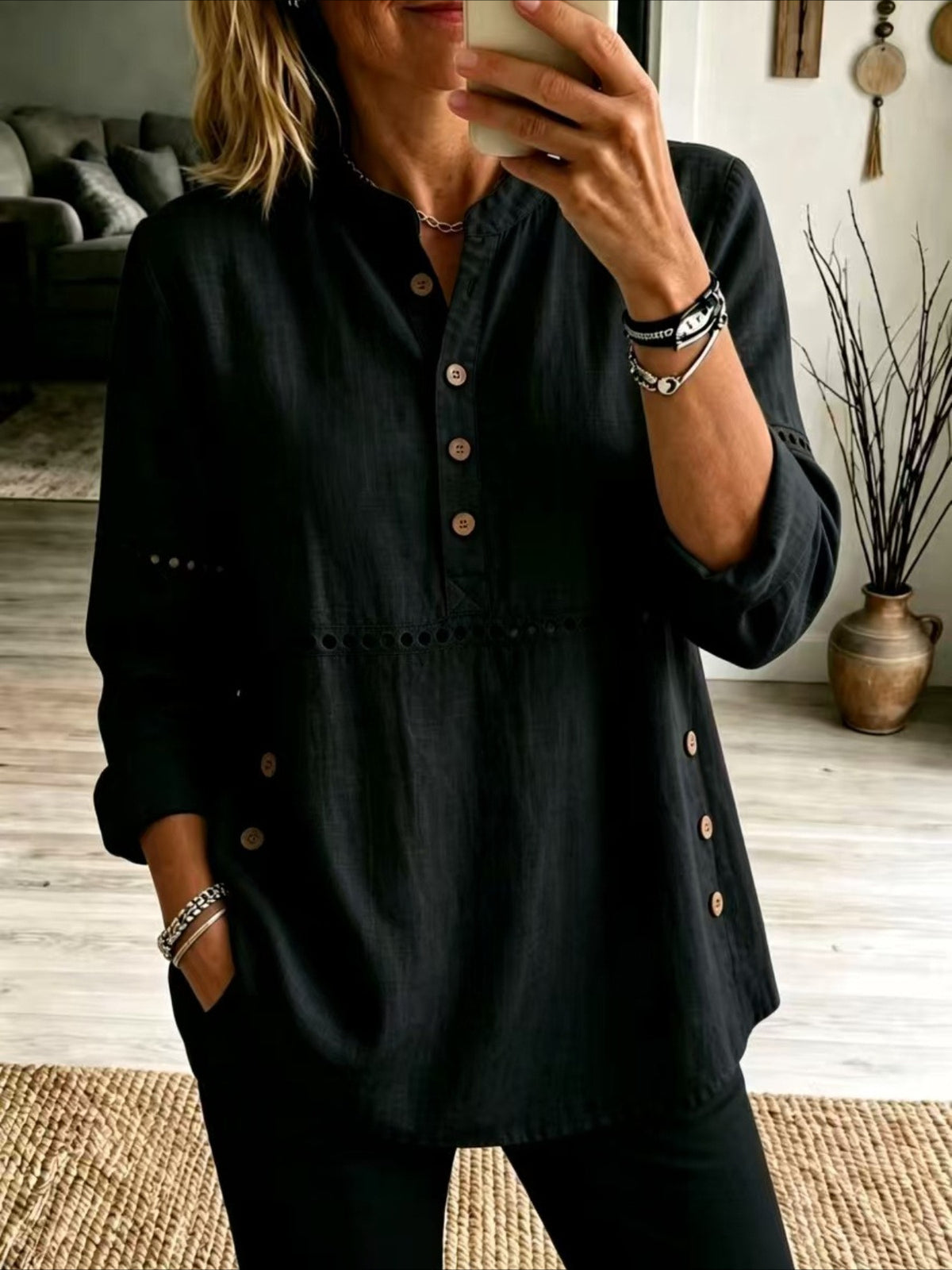 Solid Color Stand Collar Long Sleeve Half-Placket Side Button Cutout Detail Loose Fit Top