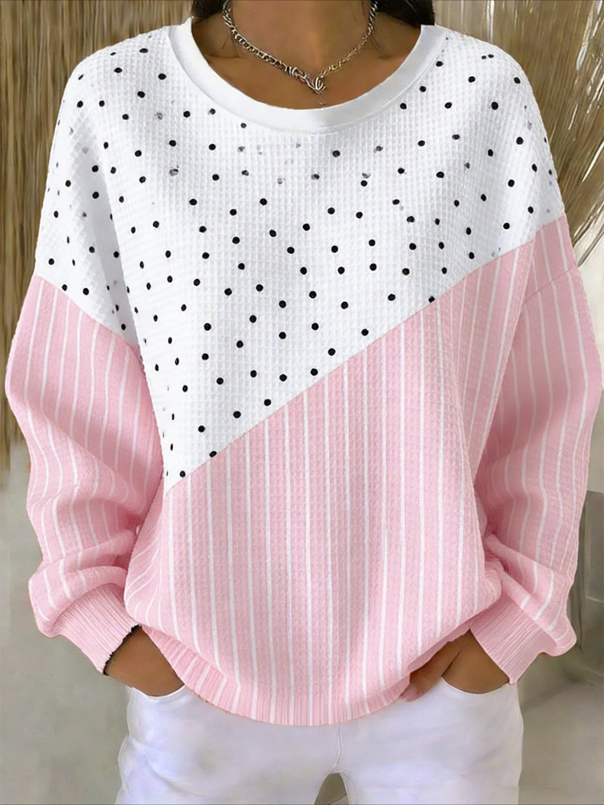 Pink Printing Crew Neck Floral Long Sleeve Sweater Hoodie