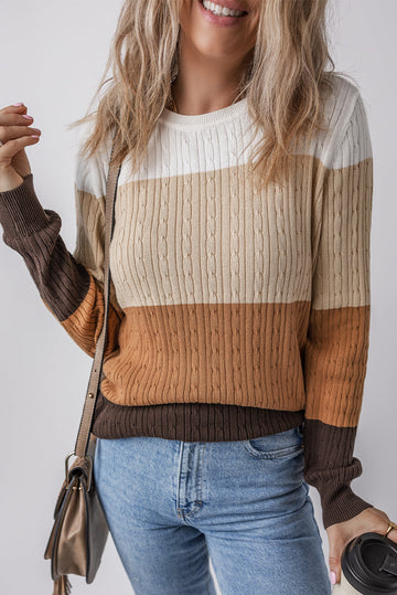 Khaki Colorblock Cable Knit Round Neck Sweater