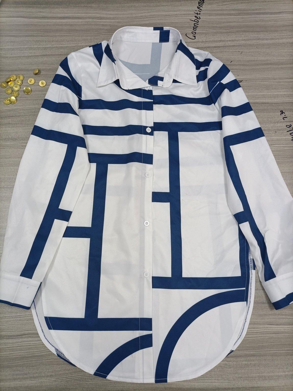 Geo Print Curved Hem Shirt, Casual Button Front Long Sleeve Shirt