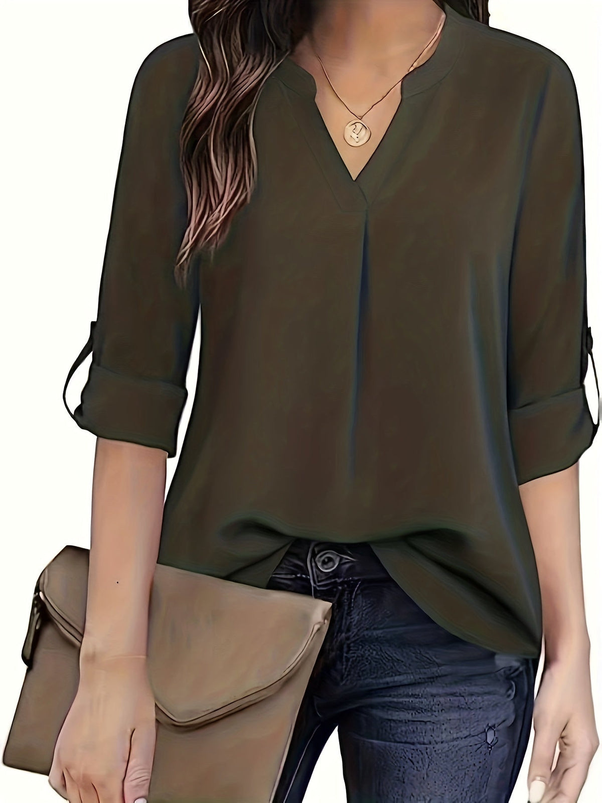 Solid Simple Blouse, Casual V Neck Long Sleeve Blouse