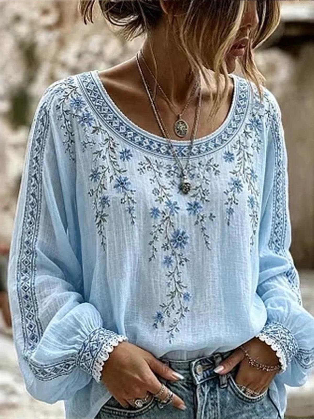 Floral Crew Neck Long Sleeve Blouse