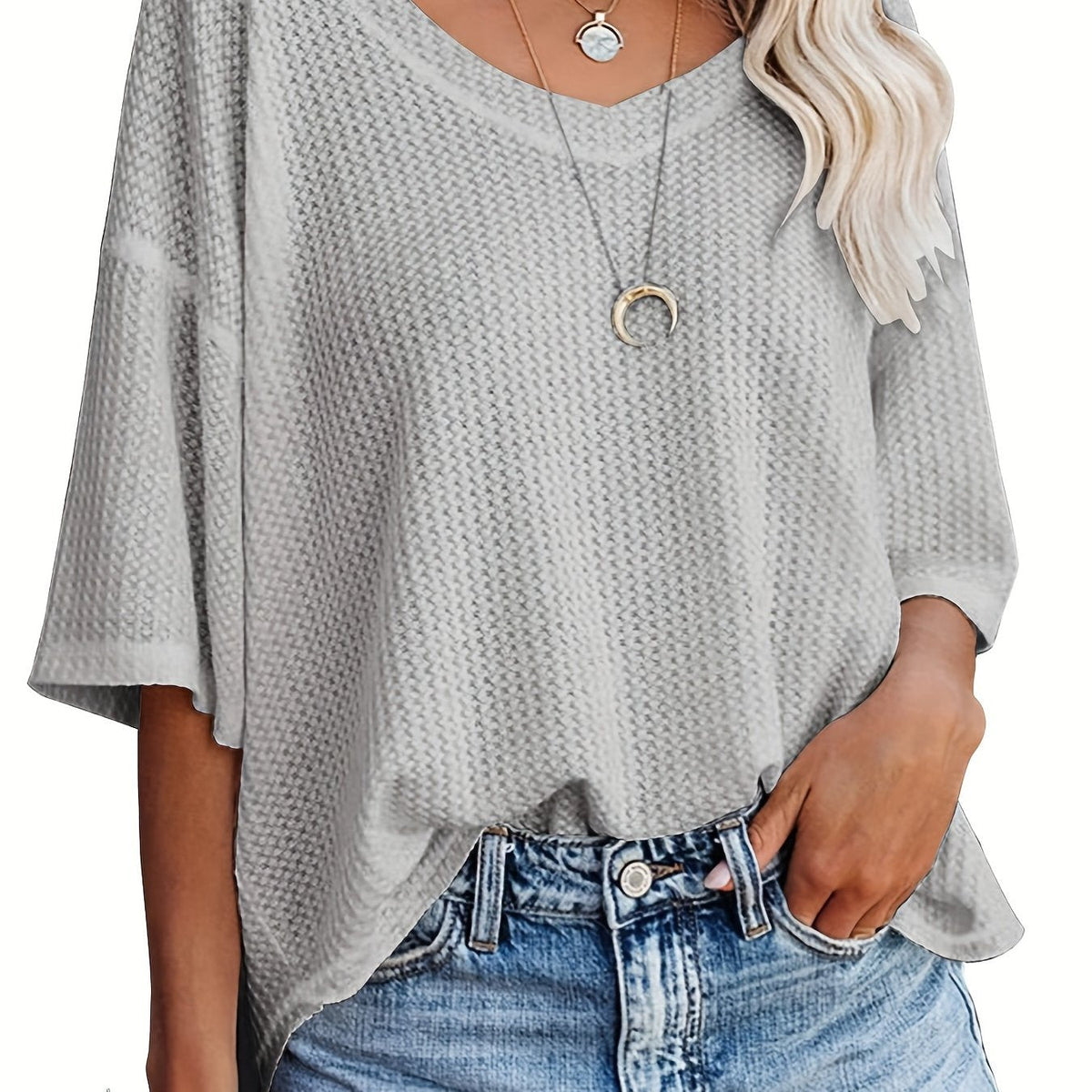 Solid Elegant V Neck T-Shirt, Drop Shoulder Casual Top