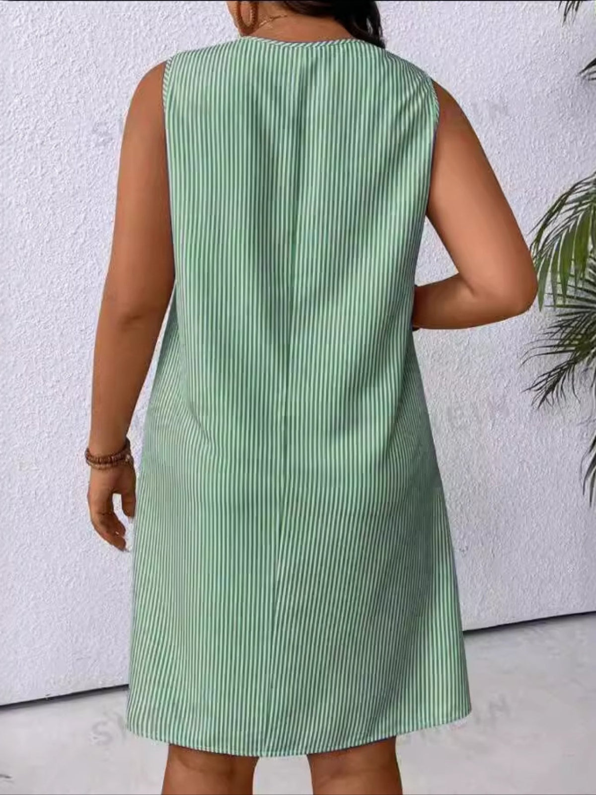 Striped Print Ring Decor Dress, Casual Pockets V-neck Dress