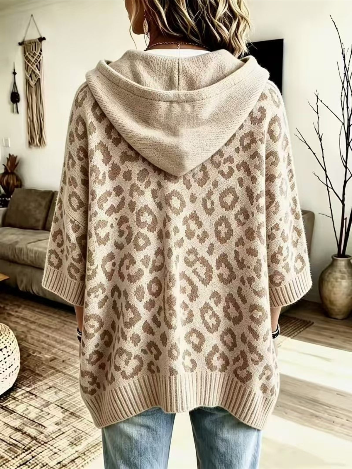 Leopard Pattern Hooded Knit Sweater with Batwing Sleeves