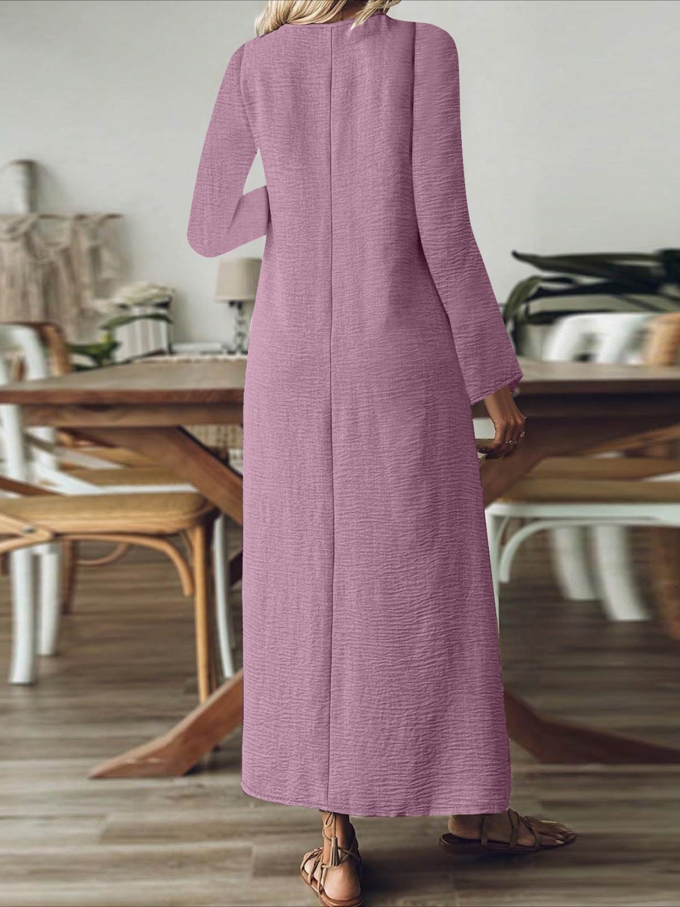 Back Zipper Solid Color Long Sleeve Cotton and Linen Dress