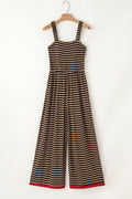Brown Stripe Square Neck Shirred Wide Leg Jumpsuit