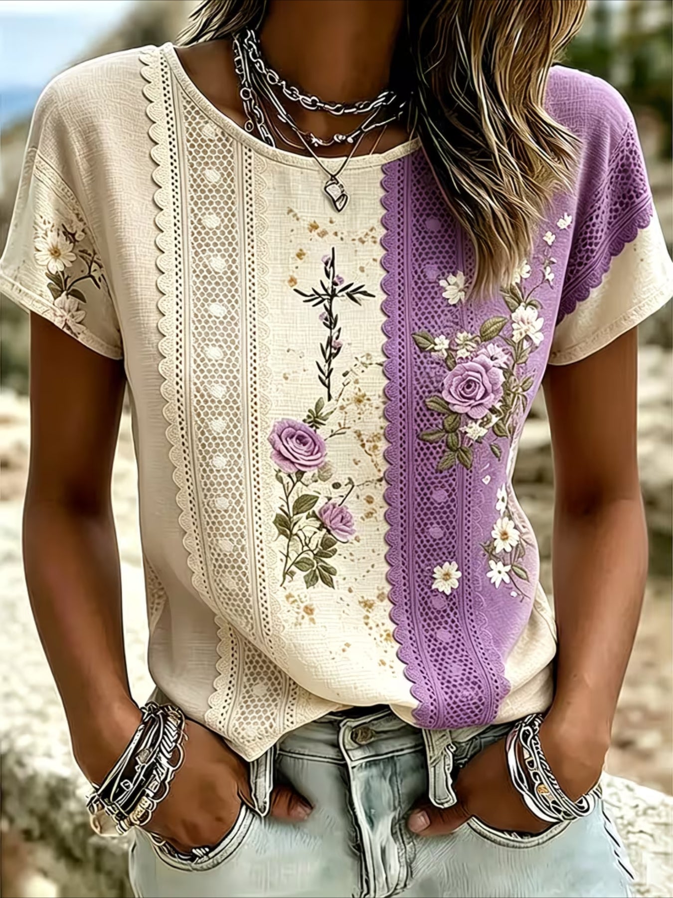 Floral Print Short Sleeve Crew Neck Top with Patchwork Blouse Style