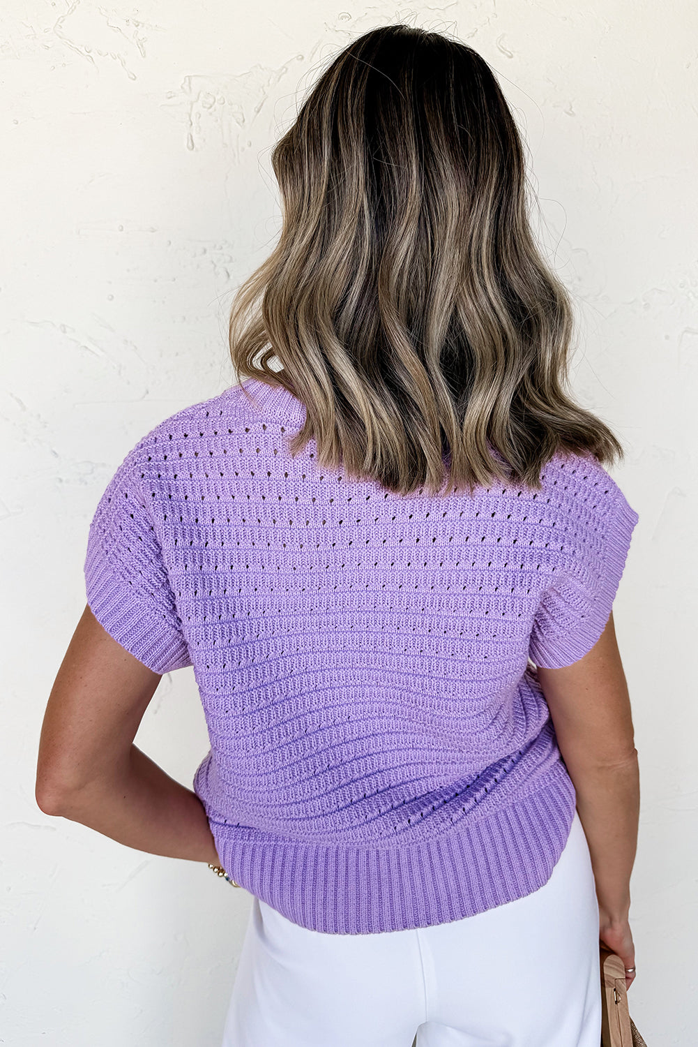 Lavendula Pointelle knit Ribbed Trim Short Sleeve Sweater