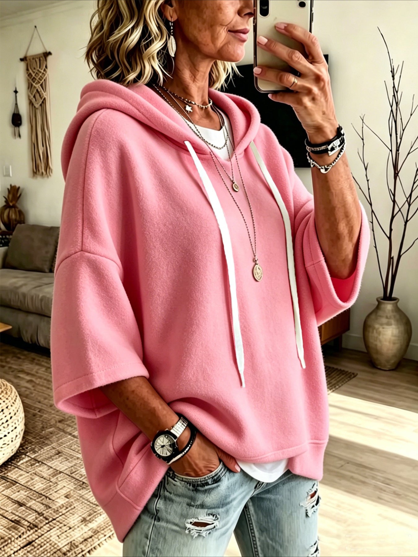 Loose 3/4 Sleeve Hooded Drawstring Bat-sleeved Sweatshirt