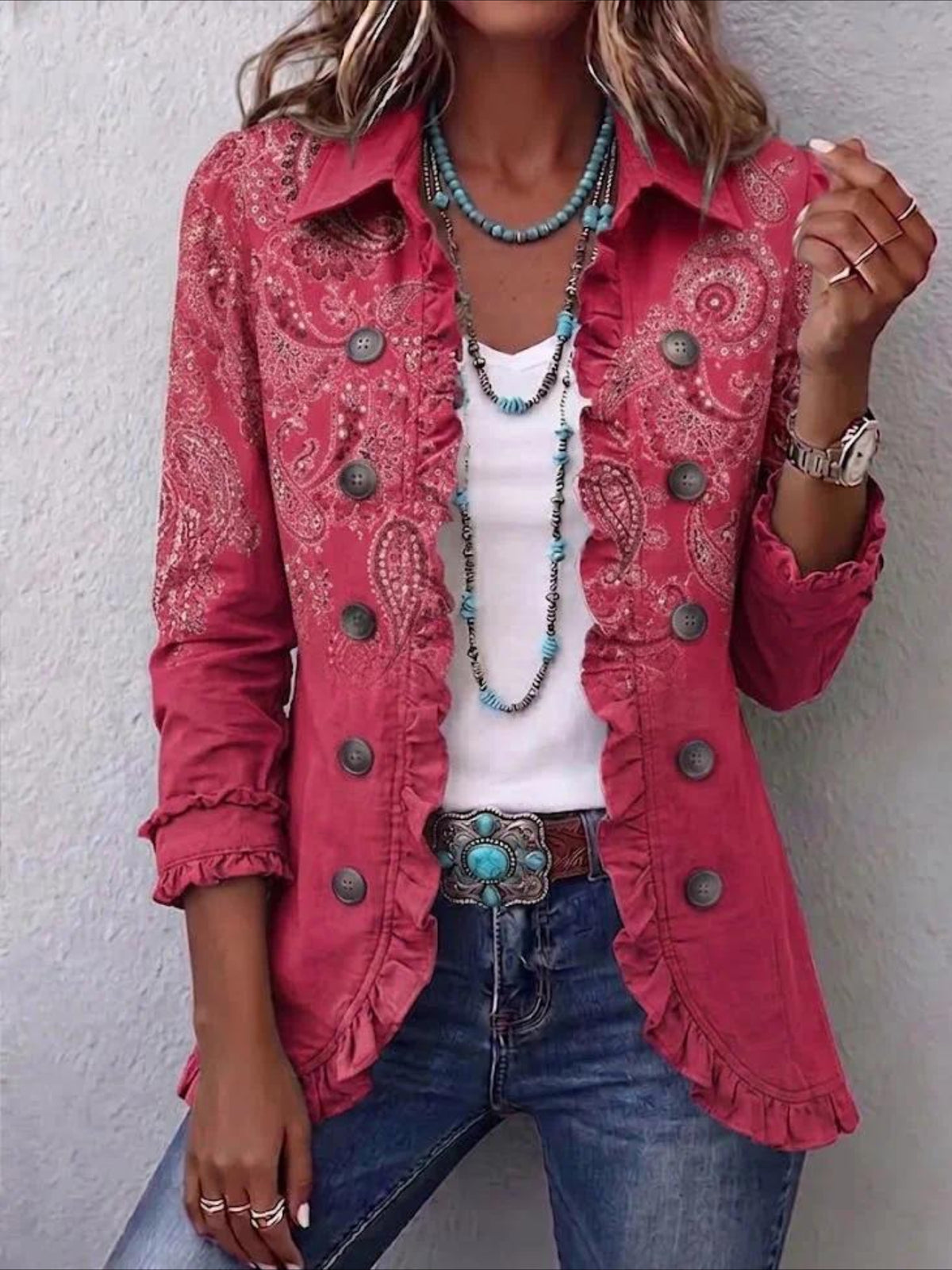 Western Style Pattern Print Long Sleeve Ruffle Edge Open Button Cardigan Coat